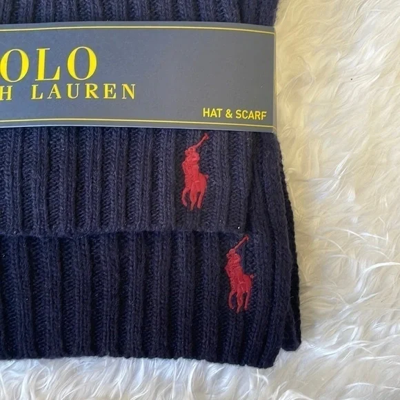 Brand New Polo Ralph Lauren 2-Piece Wool Hat & Scarf Set Navy Blue Deep Red Pony